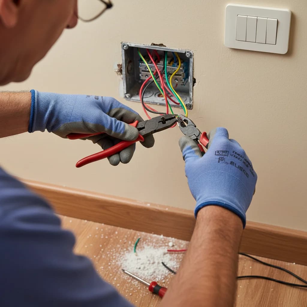 Mani di elettricista che lavora su cablaggio